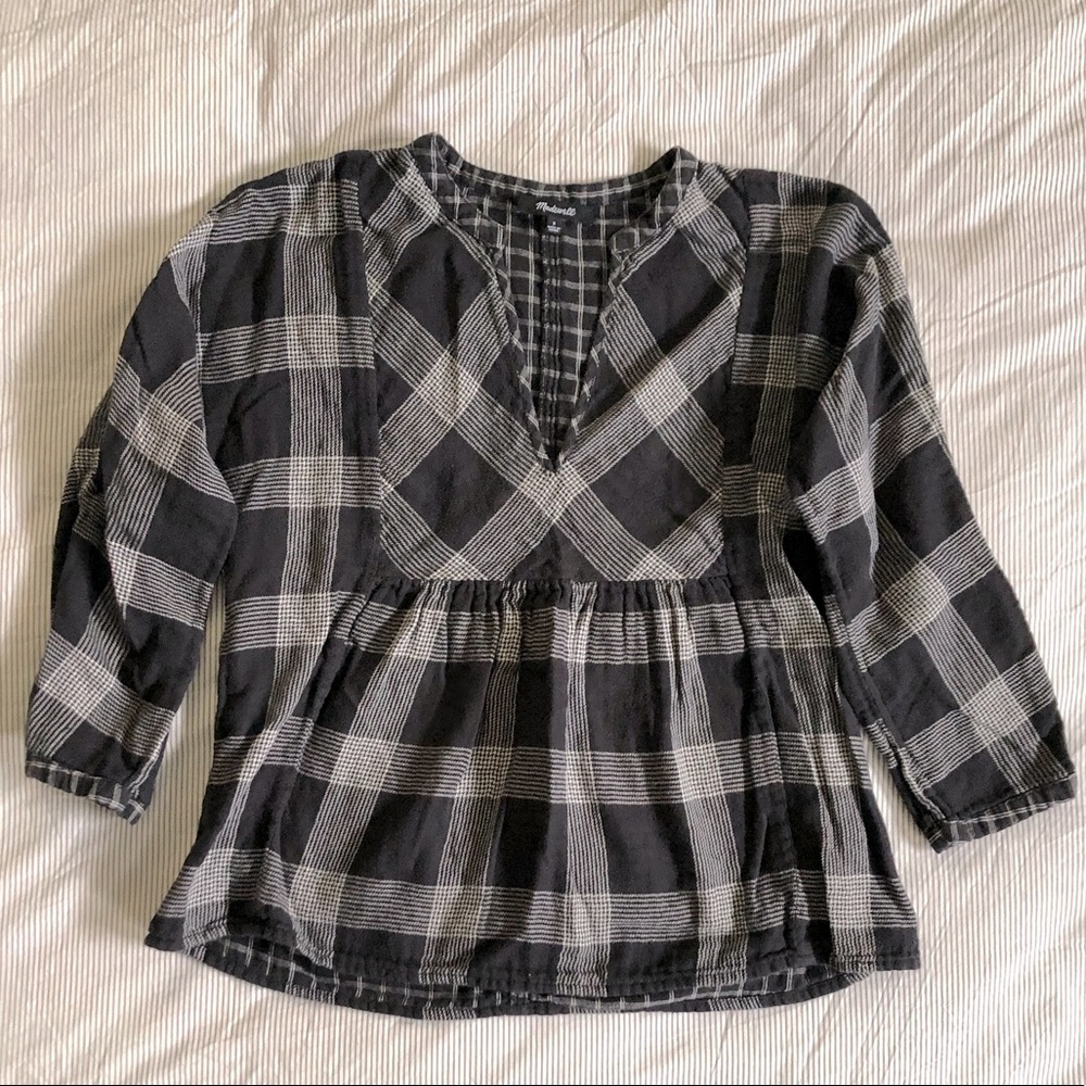 Madewell peplum top, 100% cotton, two-tone plaid